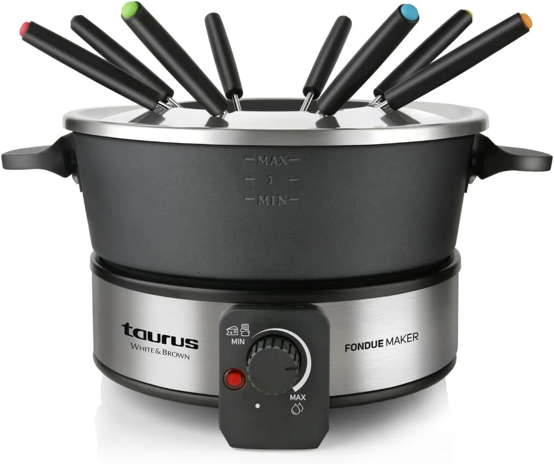 Taurus – Fondue Eléctrica FF2, 1000W, 2L, 8 Personas, Termostato Regulable 200ºC, Olla Antiadherente, Sin PFOA, Chocolate, Queso, Caldo y Aceite, 8 Tenedores, Asa Transporte, Lavavajillas, Negro foto 3