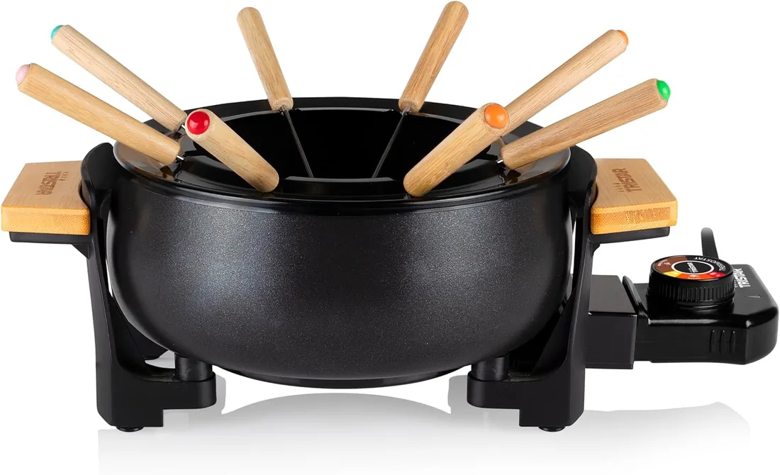 Tristar FO-1108 Set de fondue de bambú 1,5 L para 8 personas – Olla multifunción para fondue de aceite, queso, chocolate y china, incluye 8 tenedores y aro antisalpicaduras, diseño elegante