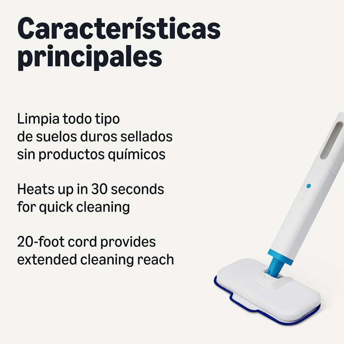 Amazon Basics Mopa a Vapor para Limpieza de Suelos Duros con Depósito de 450ml, Cable de 6m, 3 Almohadillas Lavables, Blanco foto 2