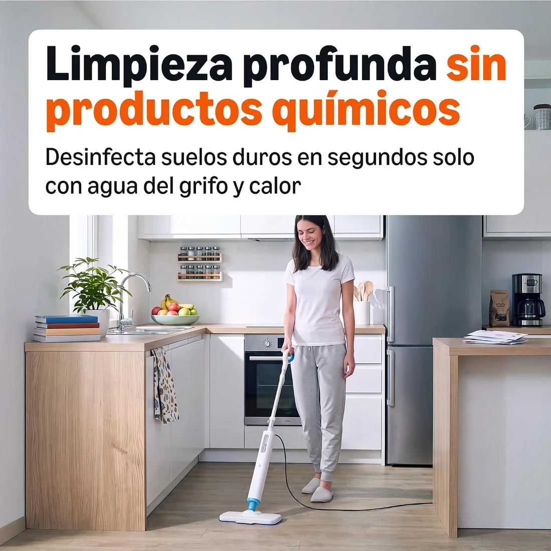 Amazon Basics Mopa a Vapor para Limpieza de Suelos Duros con Depósito de 450ml, Cable de 6m, 3 Almohadillas Lavables, Blanco foto 3