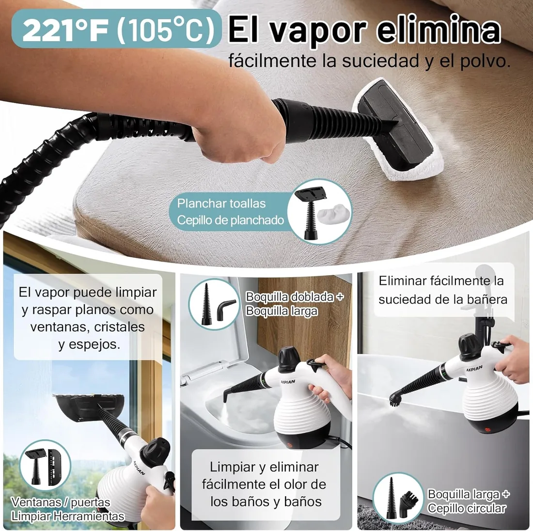 Limpiador a Vapor de Mano con 10 Accesorios foto 3