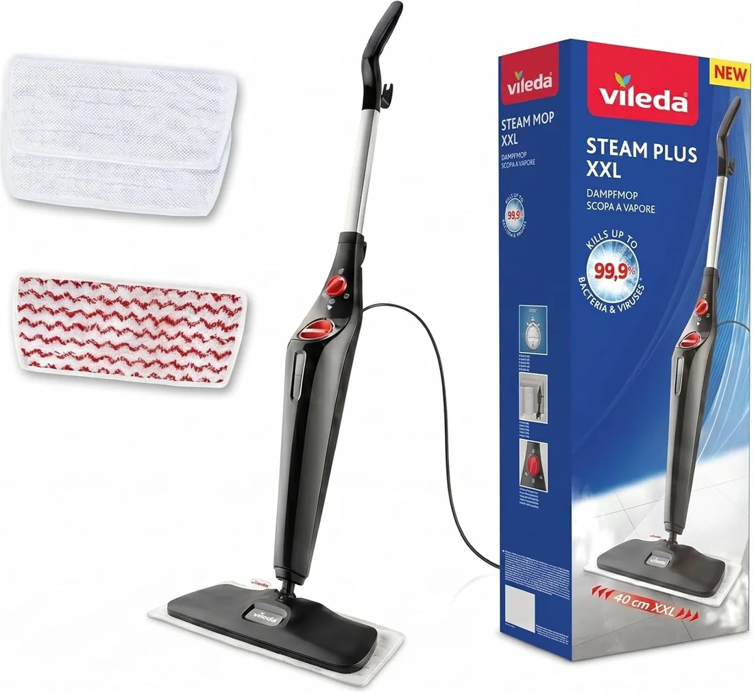 Vileda Steam PLUS XXL + Recambio Power Pad, Mopa a vapor para una limpieza más higiénica, elimina el 99,9% de bacterias, óptima para alfombras y moqueta, apto para todo tipo de suelos
