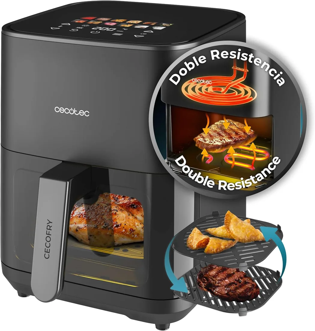 Cecotec Freidora de Aire 4 L Cecofry&Grill Duoheat 4000 1900W | Doble Resistencia para Dorado Perfecto, Sabor de Parrilla en Carnes, Platos Saludables, Plancha, Pared Divisoria Móvil