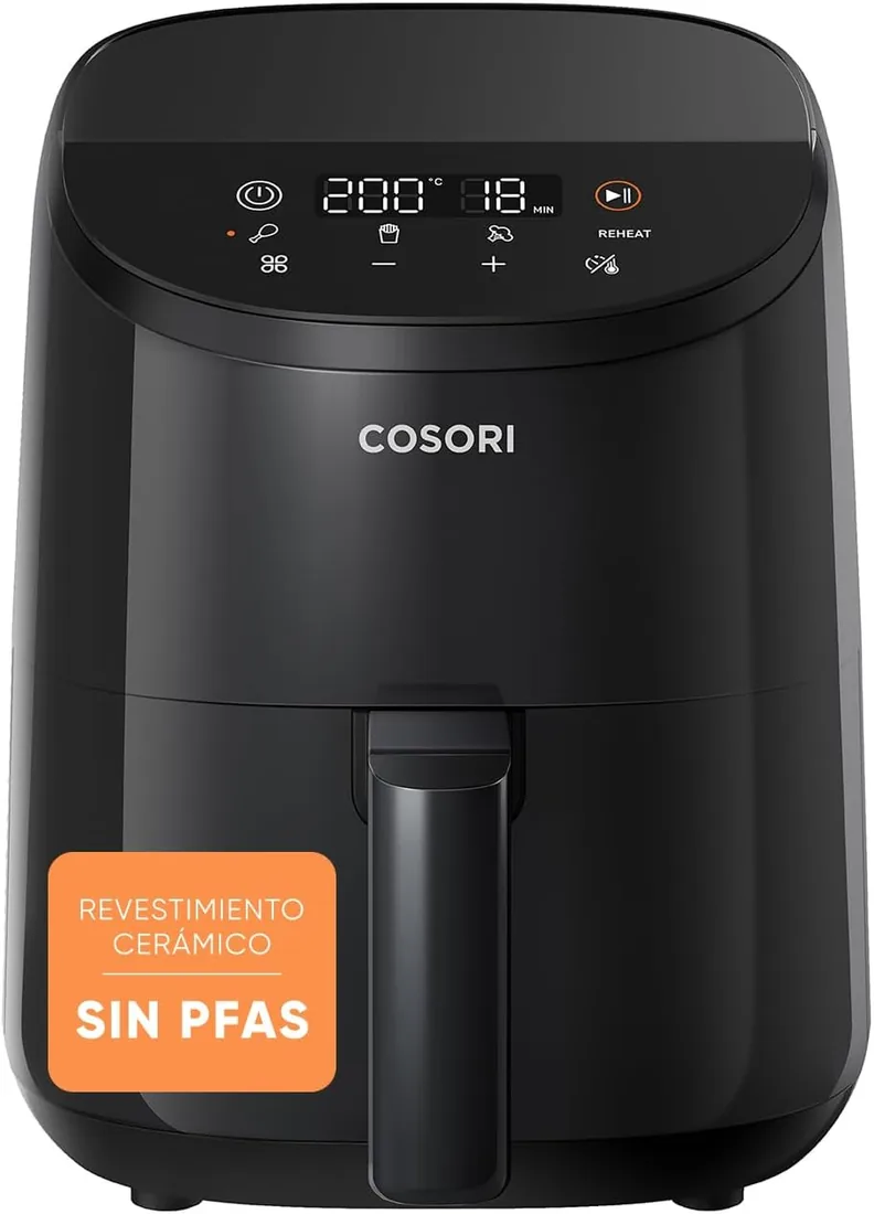 Cosori Freidora de Aire 2L, Compacta con Pantalla Táctil, Ahorro de Energía | Sin PFAS ni Teflón, Revestimiento Cerámico, Temperatura y Tiempo Ajustables, Apta para Lavavajillas, Silenciosa y Eficiente
