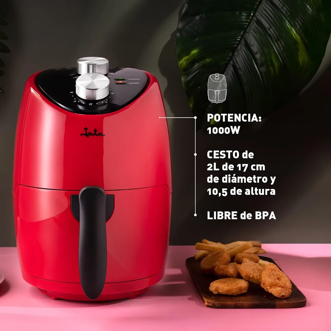 JATA JEFR1222 - Freidora de Aire 2 L sin Aceite 200ºC, Air Fryer Compacta, Termostato Regulable, Temporizador 30 min, Cestillo Antiadherente sin BPA, Cocina Saludable para 2-3 Personas foto 2
