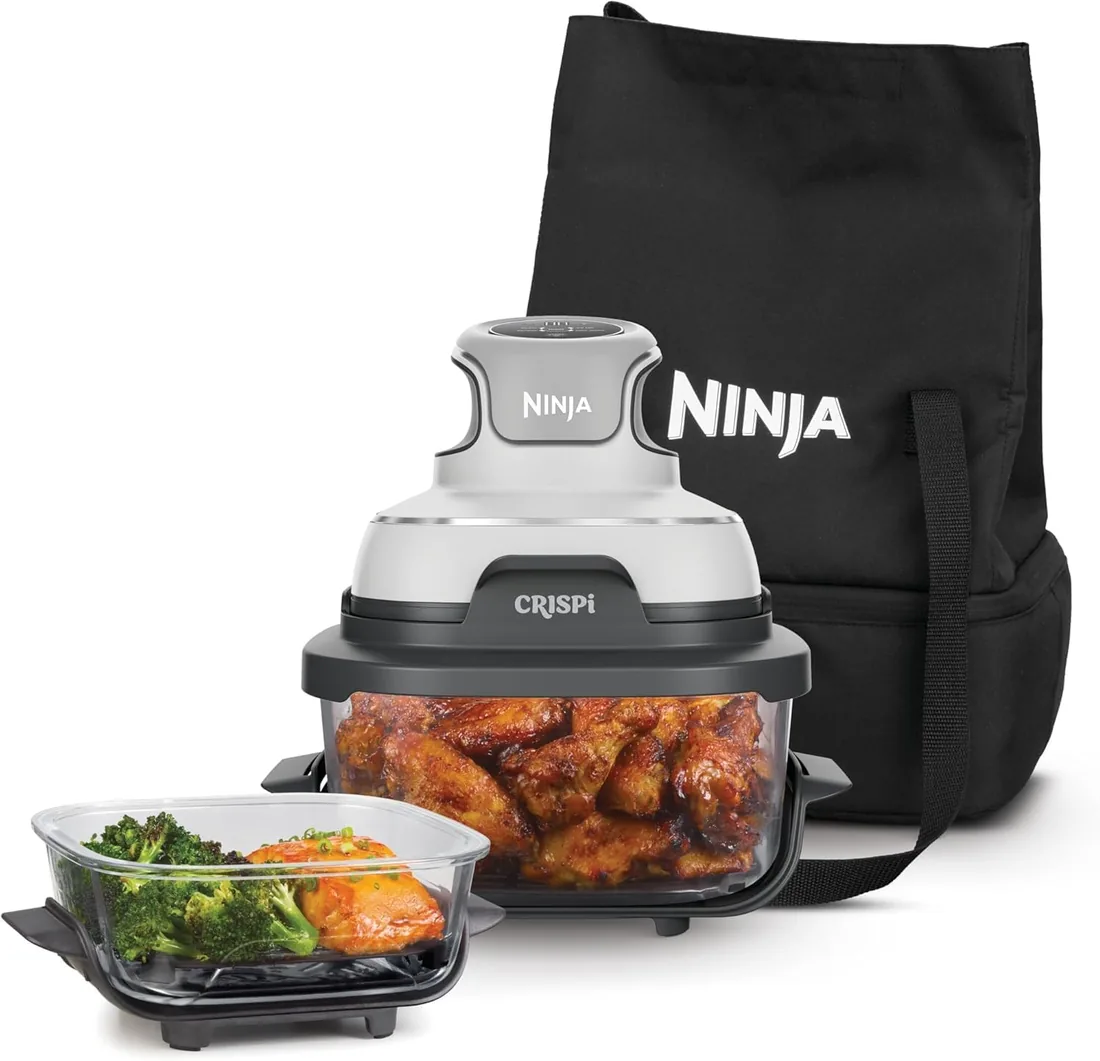 Ninja CRiSpi, Freidora de Aire Portátil, 3,8L y 1,4L, Blanco, FN102EU | 4 en 1: Freír con Aire, Asar, Mantener la Temperatura, Dorar, Compacta, 2 Recipientes de Cristal Extraíbles y Tapas, 1700W