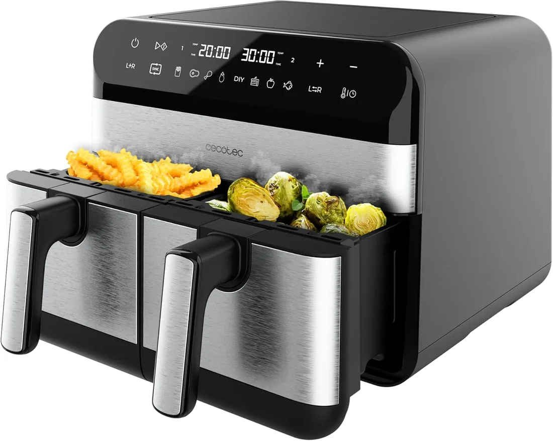 Cecotec Freidora de Aire Digital de 9L Air Fryer Cecofry Advance 9000 Inox | 2800W, 2 Cubetas de 4,5L, Temperatura Dual, Temperatura Regulable de 80-200 ºC, 7 Programas, Panel Táctil Multifunción
