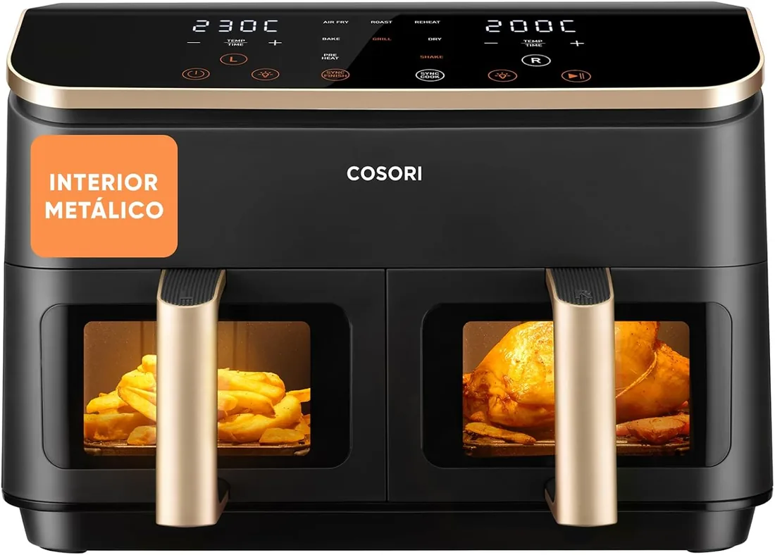 Cosori Freidora de Aire 8,5L, Doble Cesta con Ventana, 10 Funciones, Oro | Ventana para Ver Fácilmente, Interior Metálico Más Seguro, 2 Platos a la Vez, Alta Potencia y 55% de Eficiencia, Bajo Ruido