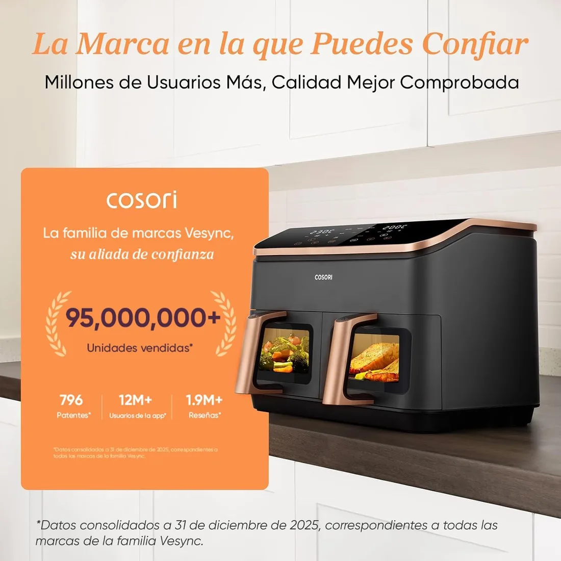 Cosori Freidora de Aire 8,5L, Doble Cesta con Ventana, 10 Funciones, Oro | Ventana para Ver Fácilmente, Interior Metálico Más Seguro, 2 Platos a la Vez, Alta Potencia y 55% de Eficiencia, Bajo Ruido foto 3