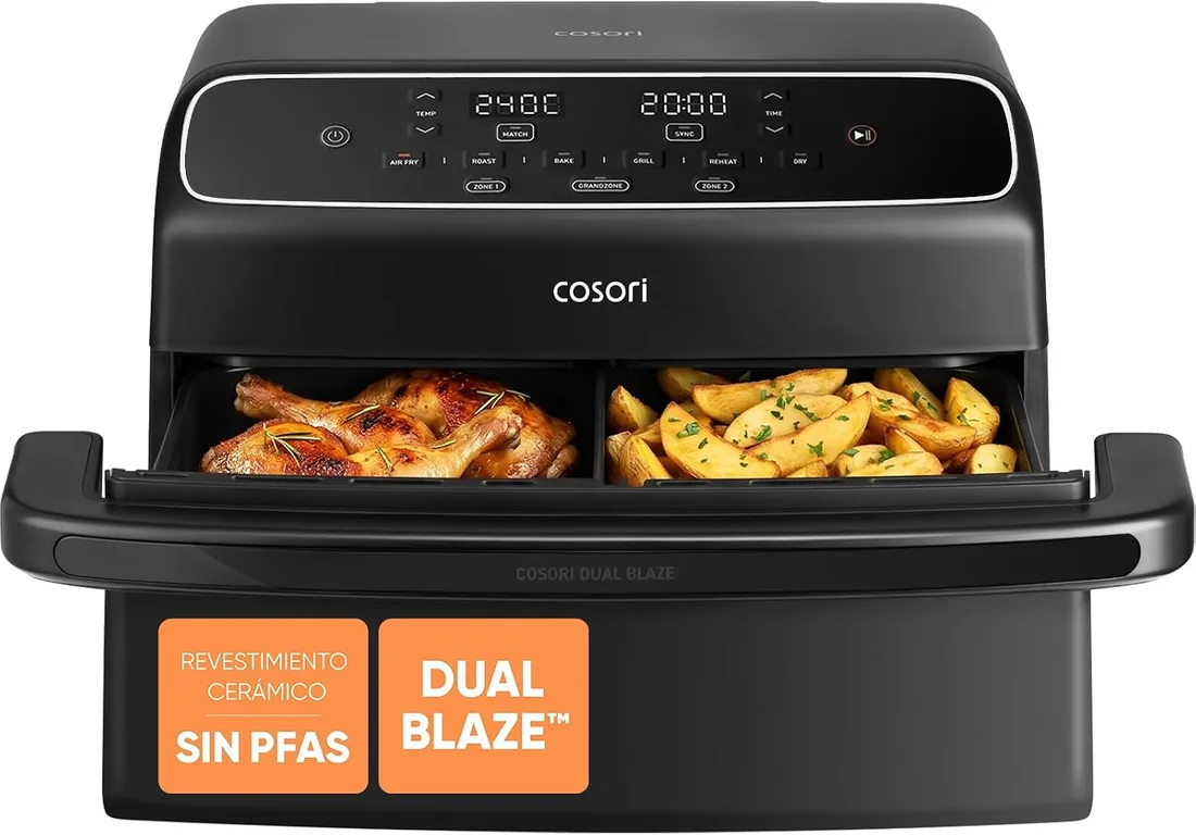 Cosori Freidora de Aire 8,6L Dual Blaze TwinFry Compact, sin PFAS ni Teflon | Revestimiento Cerámico sin PFAS, Tecnología Dual Blaze™, Divisor para 1 o 2 Zonas, Modos SYNC&Match, 6 Funciones, 2700W