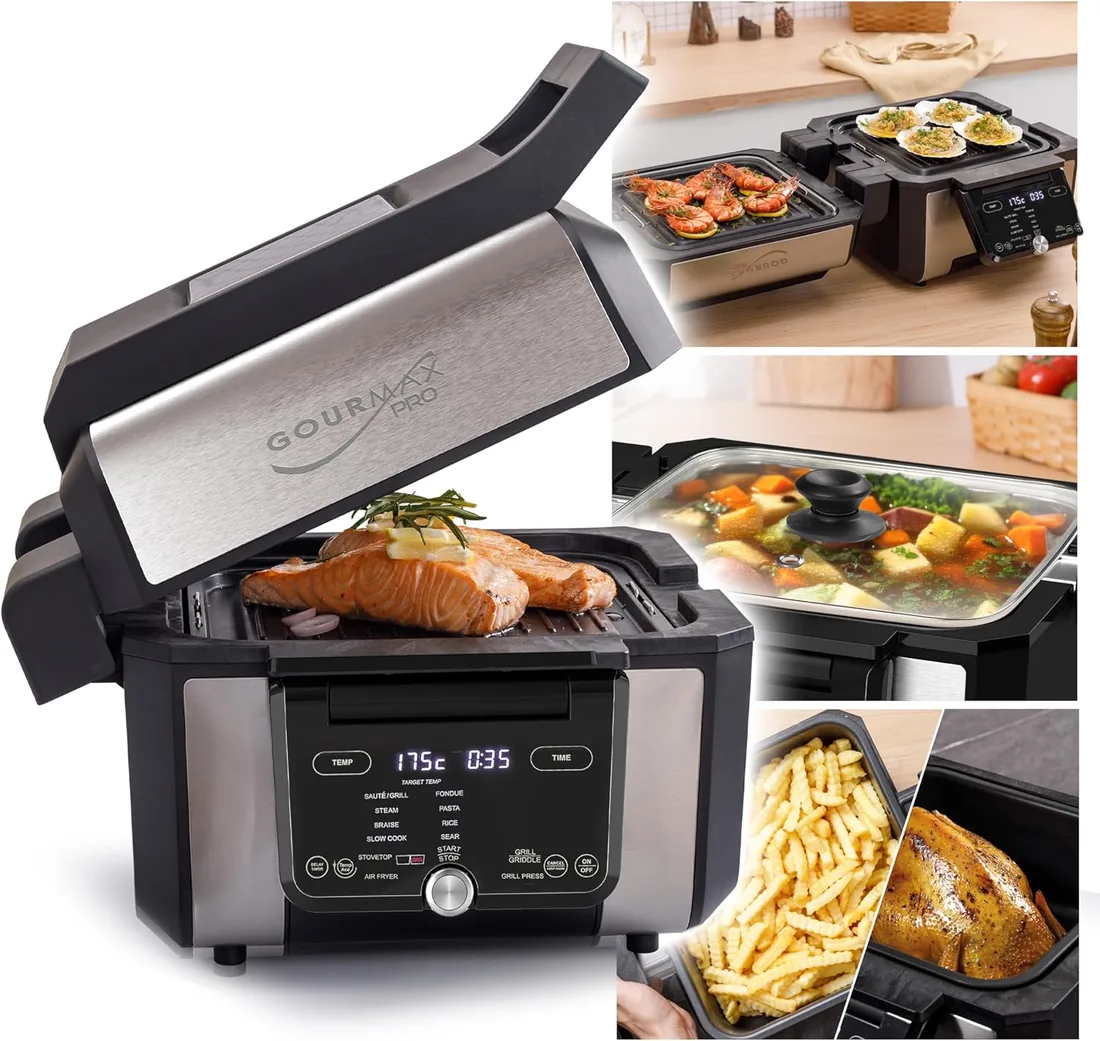 GOURMAX PRO Multifunción: Air Fryer + Horno + Plancha + Parrilla + Grill-Press + Olla 5.6L + Tapa vidrio. 2 zonas XXL independientes, 2 recetas a la vez: 16 Menús. Recetario. Ahorra Energía foto 3