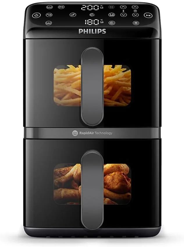 Philips 4000 Airfryer - Freidora de Aire doble Cesta Vertical 10L, Negro | Doble cesta vertical 5L y 5L, tecnología Rapid Air, sincronización, 45% menos espacio, sin PFAS, app HomeID (NA460/00)