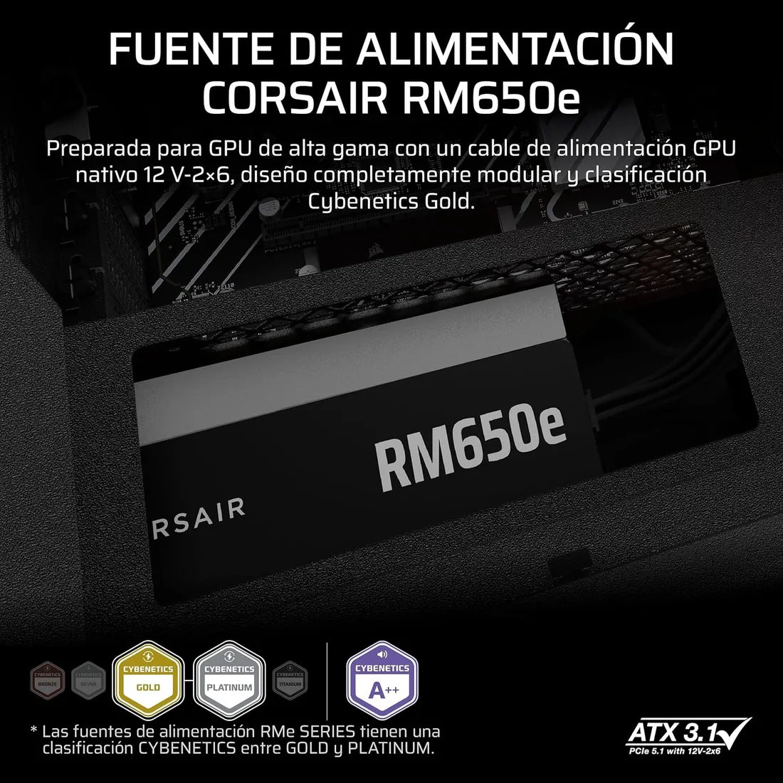CORSAIR RM650e (2025) Fuente de alimentación ATX Totalmente Modular de bajo Ruido con Cable de 12V-2x6 - Compatible con ATX 3.1 y PCIe 5.1, eficiencia Cybenetics Gold, condensadores a 105°C - Negro foto 2