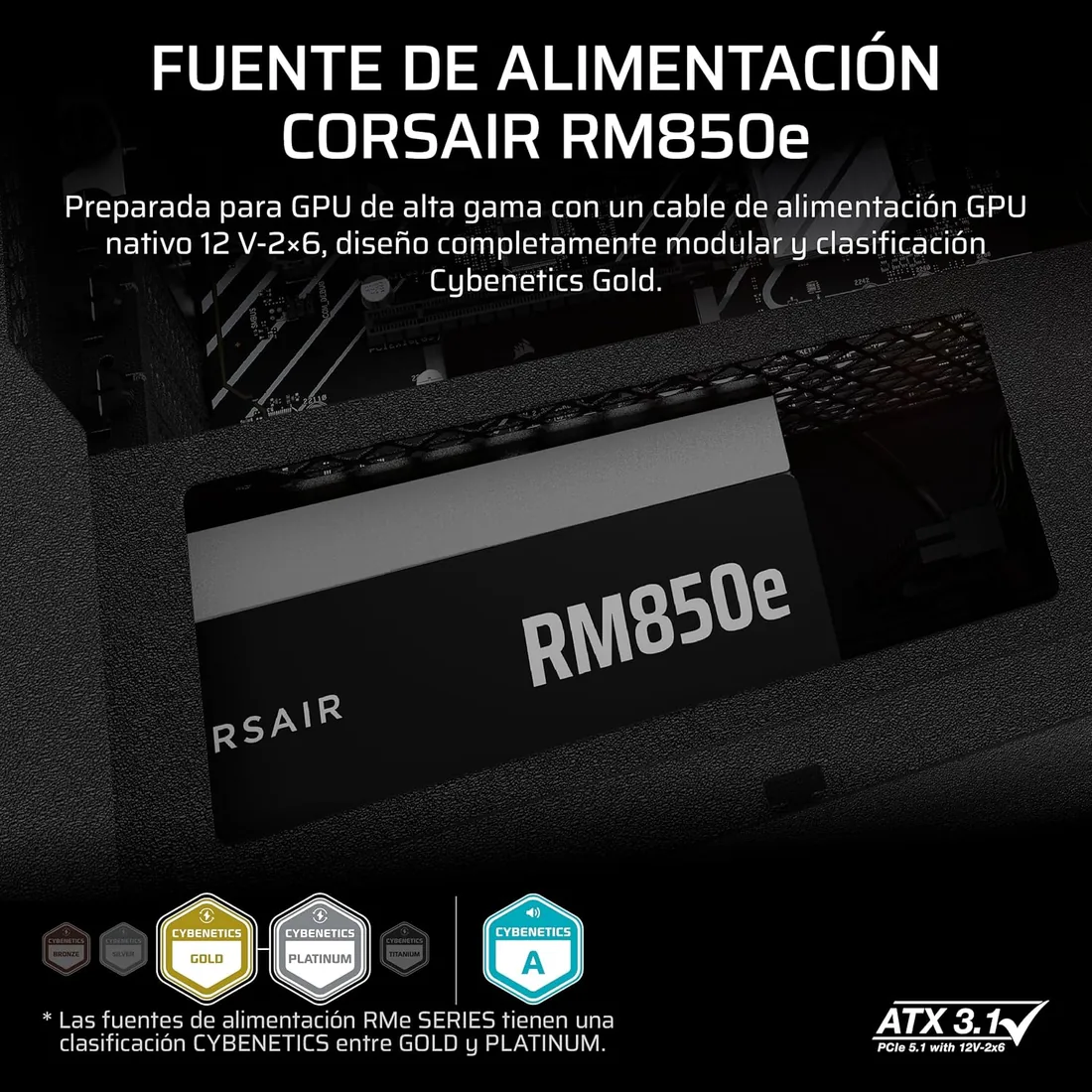 CORSAIR RM850e (2025) Fuente de alimentación ATX - Negro | Incluye un cable de 12V-2x6, Totalmente Modular, Compatible con ATX 3.1 y PCIe 5.1, Cybenetics Gold, Condensadores a 105°C foto 2