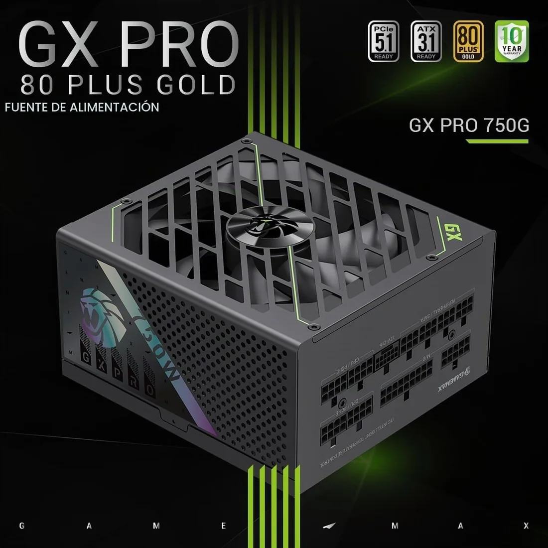 GAMEMAX GXPRO 750G Fuente de Alimentación PC 750W, Totalmente Modular, ATX 3.1 PCIe 5.1 con Conexión 12V-2×6, 80 Plus Gold, Condensadores Japoneses 105°C, 7 Mecanismos de Protección, Garantía 10 Años foto 2