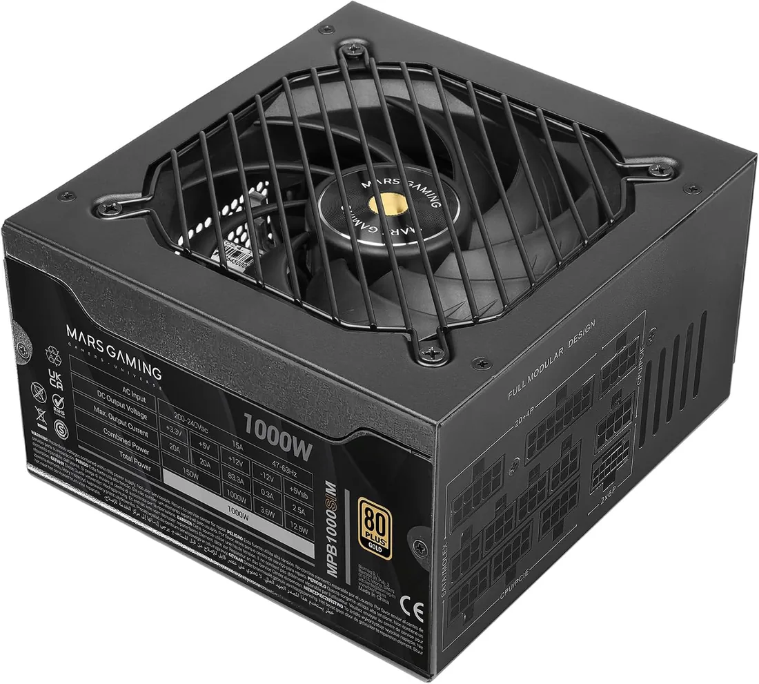 Mars Gaming MPB1000SIM, Fuente Alimentación Full Modular ATX 1000W, 7 Años Garantía, 80Plus Gold 90%, Ventilador SI Extreme Silence 140mm, Tecnologías AI2-RPM, Condensadores Japoneses, Negro