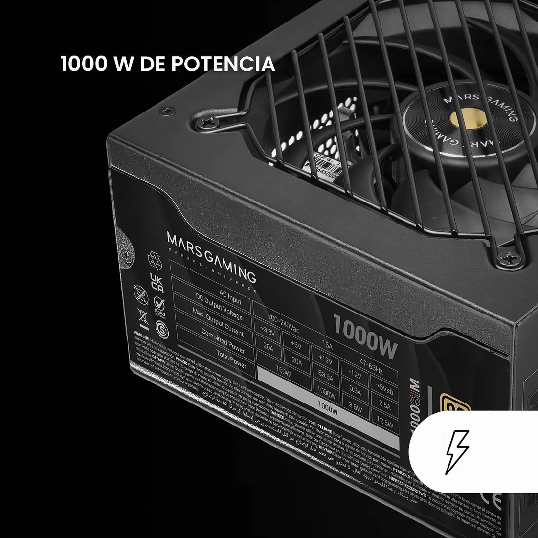 Mars Gaming MPB1000SIM, Fuente Alimentación Full Modular ATX 1000W, 7 Años Garantía, 80Plus Gold 90%, Ventilador SI Extreme Silence 140mm, Tecnologías AI2-RPM, Condensadores Japoneses, Negro foto 2