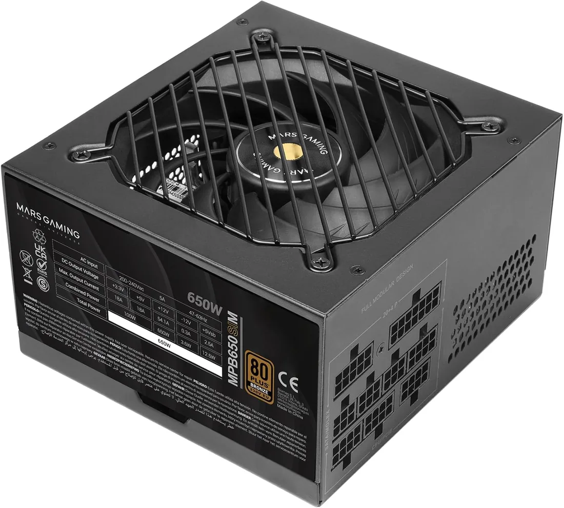 Mars Gaming MPB650SIM Fuente PC ATX 650W Full Modular 7 Años Garantía | 80Plus Bronze 230V EU 90%, Ventilador SI 120mm, Tecnologías AI2-RPM, DC-DC y SMD, ATX 3.1, Cables Fibra Carbono, Negro