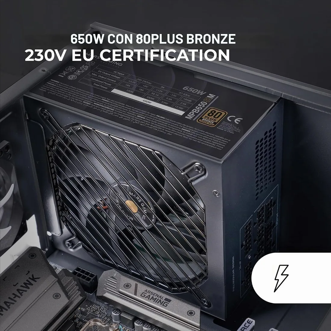 Mars Gaming MPB650SIM Fuente PC ATX 650W Full Modular 7 Años Garantía | 80Plus Bronze 230V EU 90%, Ventilador SI 120mm, Tecnologías AI2-RPM, DC-DC y SMD, ATX 3.1, Cables Fibra Carbono, Negro foto 3