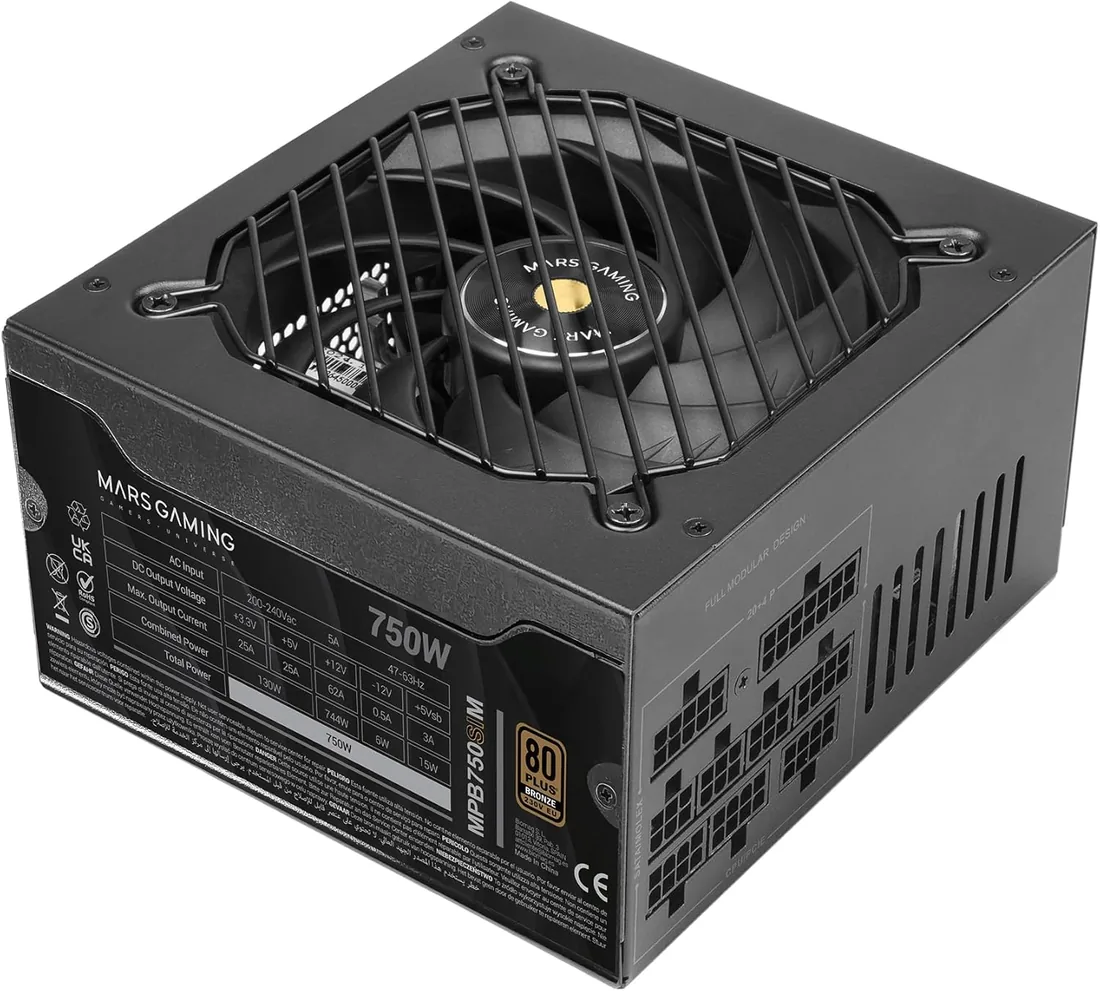 Mars Gaming MPB750SIM, Fuente Alimentación Full Modular ATX 750W, 7 Años Garantía, 80Plus Bronze 230V EU, 90% Eficiencia, Ventilador SI Extreme Silence 140mm, Tecnologías AI2-RPM, DC-DC y SMD, Negro
