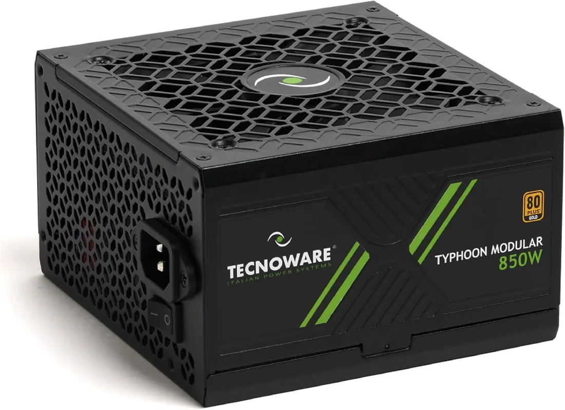 Tecnoware Power Systems Fuente de Alimentación Typhoon 850W, 80 Plus Gold, Full Modular, Gaming, Ventilador Silencioso de 12 cm, Condensadores Japoneses 105°C, Circuito DC-DC, Cables Planos