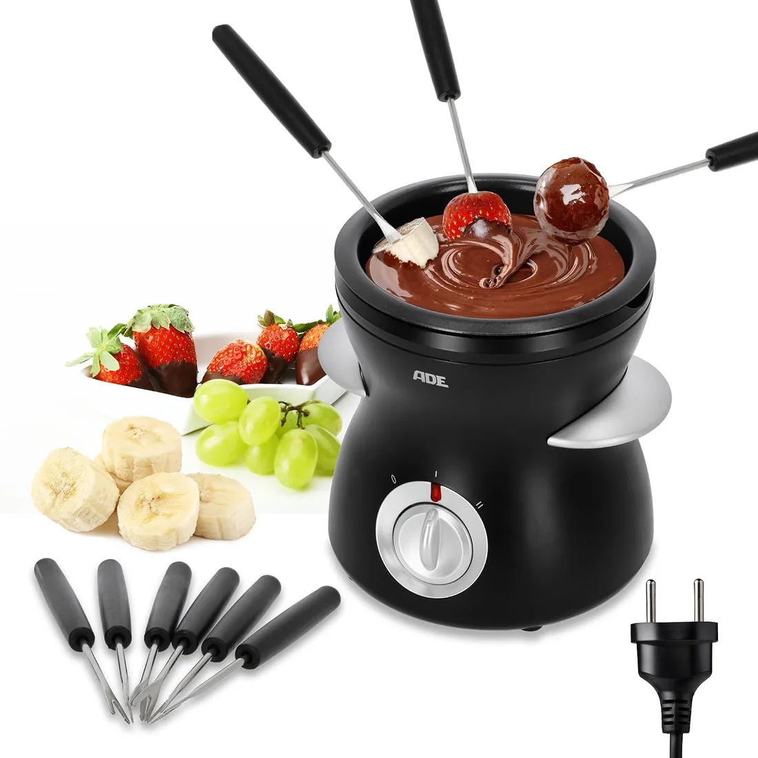 ADE Fondue eléctrica de chocolate con 2 niveles de temperatura | Fuente de chocolate con 6 tenedores | Chocolatera con recipiente extraíble con revestimiento de teflón | capacidad de 250 ml