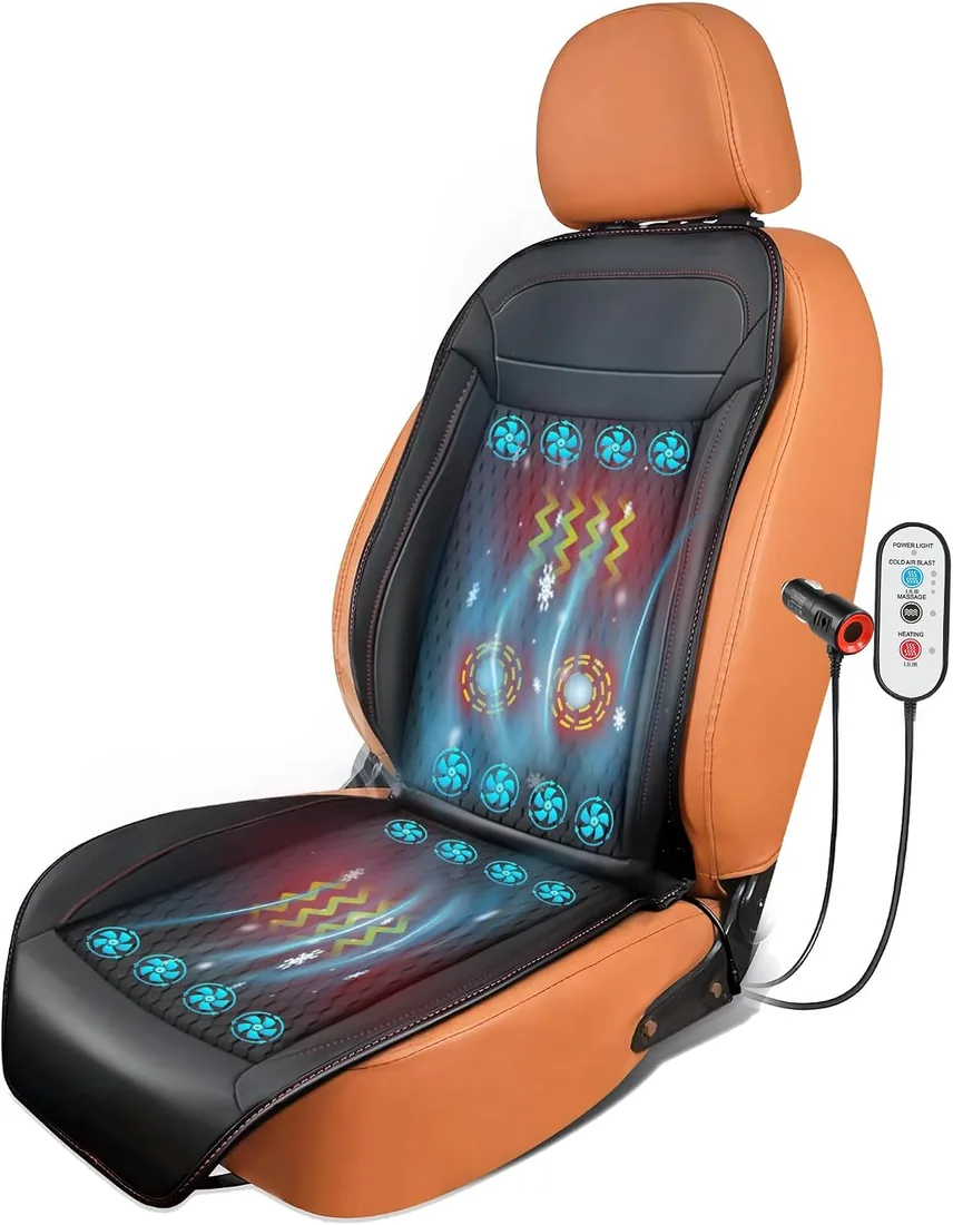 Funda de asiento de coche 3 en 1 con masaje, funda de asiento refrescante de verano para el asiento delantero del coche, almohadilla de asiento de coche de cuero de 12 V, ventilada, 16 foto 2