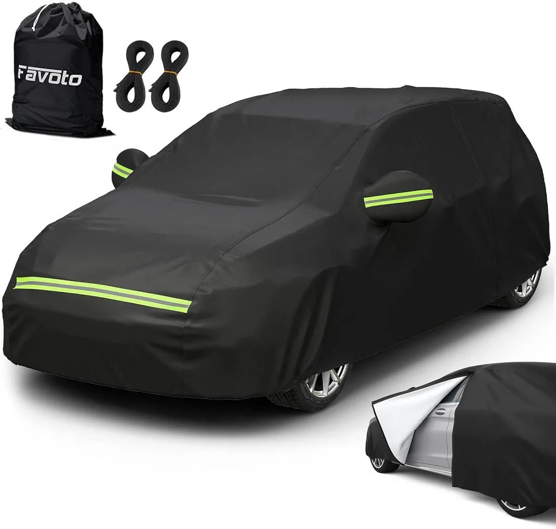 Favoto Cubierta de Coche Impermeable, Funda de Coche Exterior Algodón con Cremallera para Hatchback Anti-UV Transpirable Resistente al Polvo Lluvia Rasguño Nieve Sol al Aire Libre 435x180x160cm