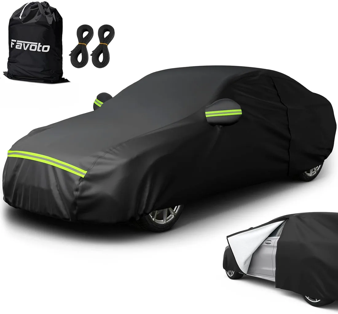 Favoto Funda Coche Exterior Impermeable Anti-UV Antiviento Reforzada | Cubre Coche para Sedán Protección contra el Sol Lluvia Nieve y Polvo con Cremallera y Forro Suave, 490x150x130 cm foto 3