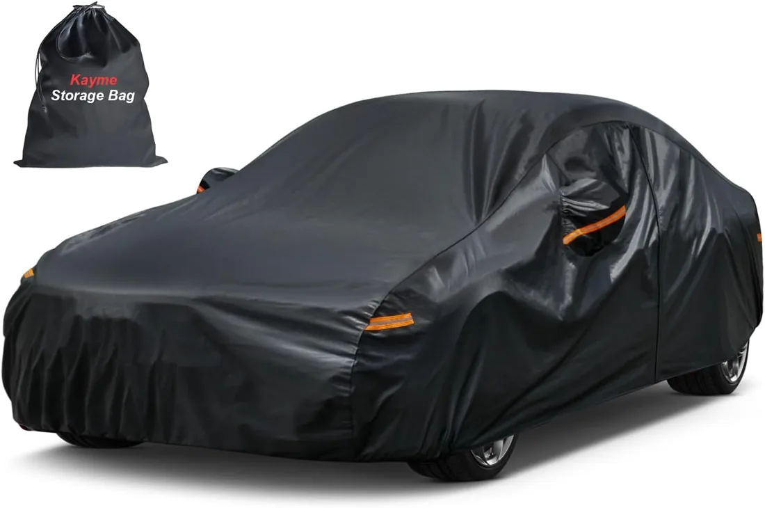 Funda Coche, Kayme Cubre Coches Exterior Impermeable Transpirable Anti-UV Antipolvo de 7 Capas, Cubierta para Coche con Cremallera y Forro de Algodón Tira Reflectante para Sedán (470 a 490 cm) 3XL