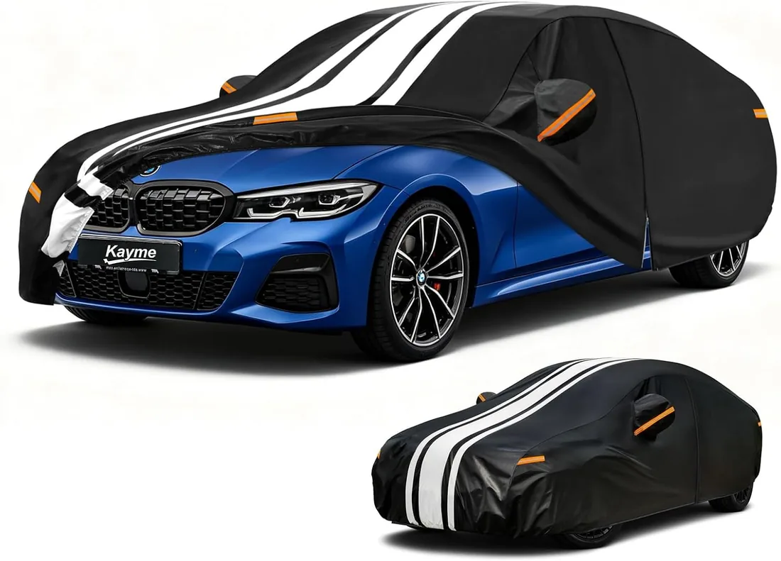 Kayme Funda Exterior para Coche, Cubierta Impermeable Anti-UV, Resistente al Viento y al Polvo, Protección Solar con Paño Incluido. Apta para Coches Sedán de 3 Volúmenes (470 a 495 cm)