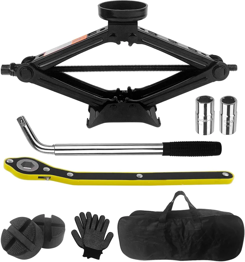 Chiluxendo 2,5T Gato Coche, Gato Hidraulico con Llave de Tuercas de Rueda, Gato de Tijera con Llave de Carraca, Portátil Kit de Emergencia, Juego de Elevadores de Coche para Mantenimiento y Reparación