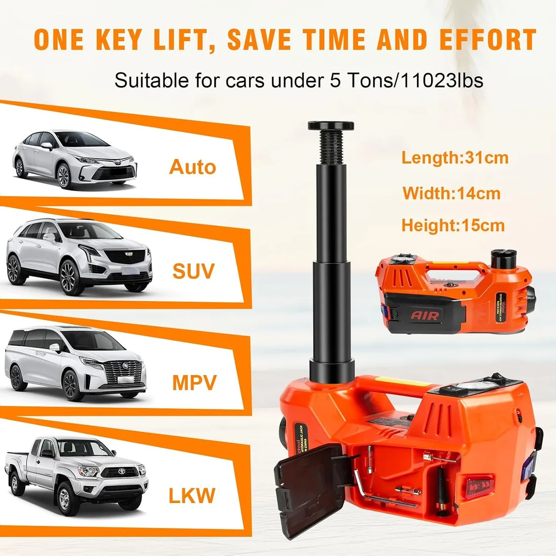 Gato hidráulico 4 en 1 para coche con capacidad de 5 t y rango de elevación de 150-450 mm, kit de gato eléctrico de 12 V con caja de herramientas, bomba de neumáticos y LED, para todos los turismos foto 2