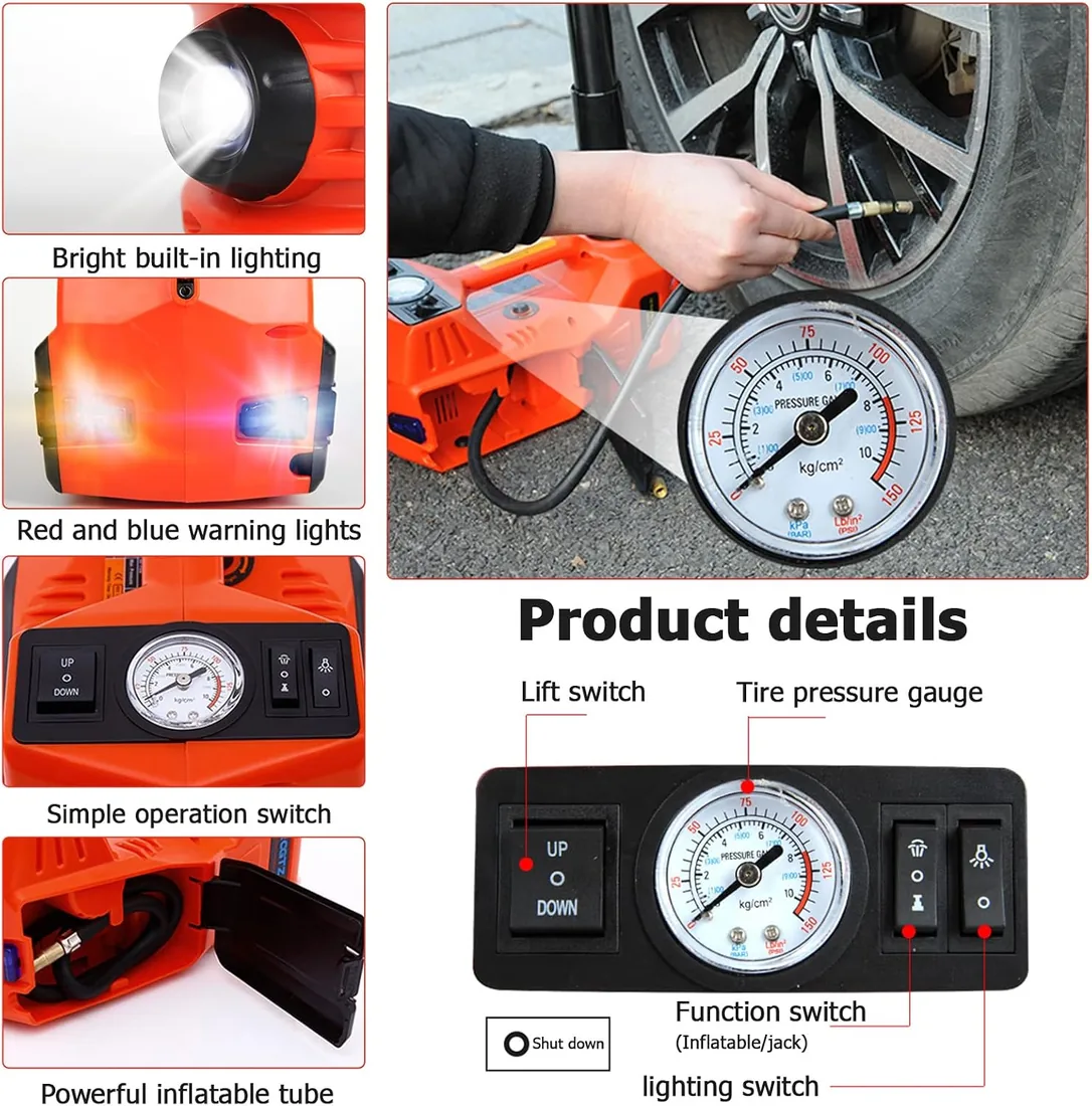 Gato hidráulico 4 en 1 para coche con capacidad de 5 t y rango de elevación de 150-450 mm, kit de gato eléctrico de 12 V con caja de herramientas, bomba de neumáticos y LED, para todos los turismos foto 3