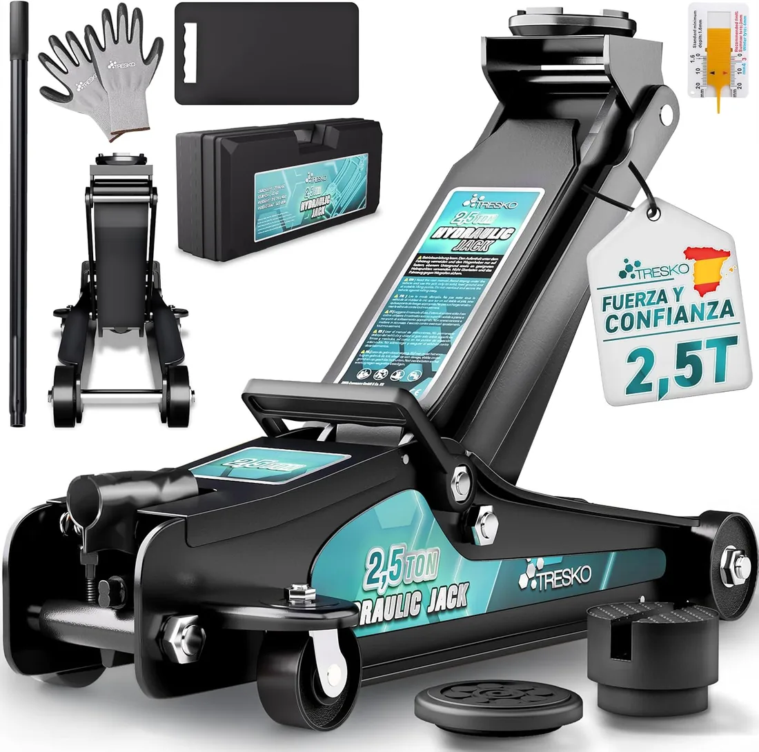 TRESKO Gato hidráulico de 2,5 t - Altura de elevación 85-385 mm - Con estuche - Gato hidráulico plano para vehículos bajos - Ruedas de 360° con 2 almohadillas de goma, rodilleras, guantes