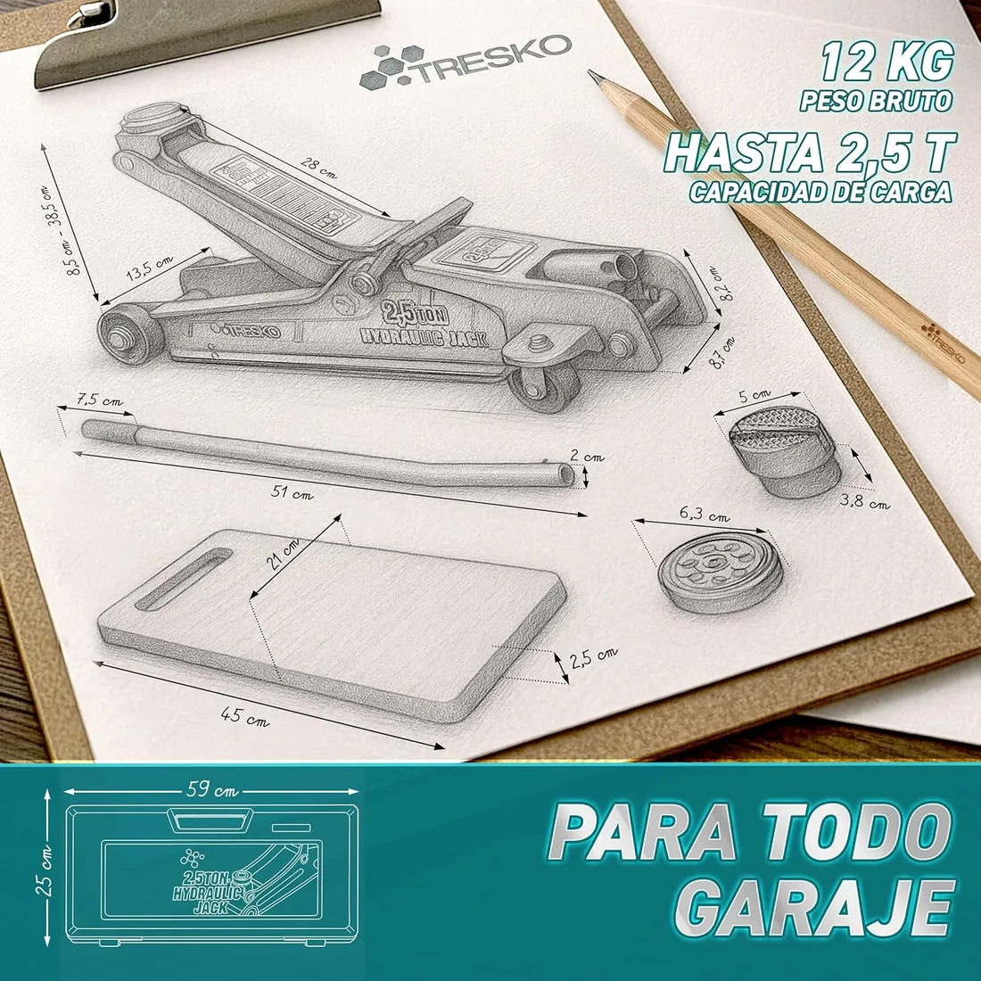 TRESKO Gato hidráulico de 2,5 t - Altura de elevación 85-385 mm - Con estuche - Gato hidráulico plano para vehículos bajos - Ruedas de 360° con 2 almohadillas de goma, rodilleras, guantes foto 2