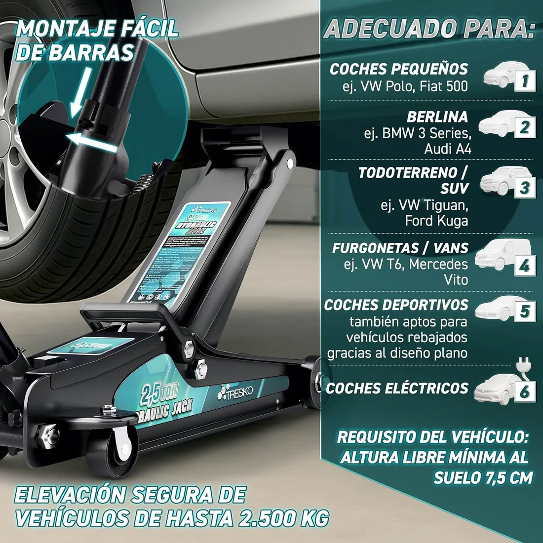 TRESKO Gato hidráulico de 2,5 t - Altura de elevación 85-385 mm - Con estuche - Gato hidráulico plano para vehículos bajos - Ruedas de 360° con 2 almohadillas de goma, rodilleras, guantes foto 3