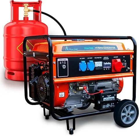 Extralink Generador Eléctrico 7500W Gasolina/Gas | Grupo Electrógeno Trifásico Dual Fuel 192F 4T, Onda Pura, 2×230V 1×400V, Arranque Eléctrico y Protección Sobrecarga | Portátil para Casa