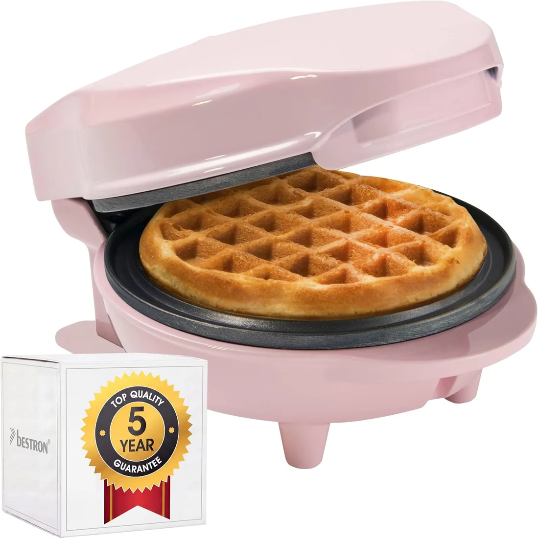 Bestron Mini gofrera, Gofrera para gofres de gofres pequeños, con antiadherente, para cumpleaños infantiles, fiestas familiares, Pascua o Navidad, diseño retro, 550 W, color: Rosa