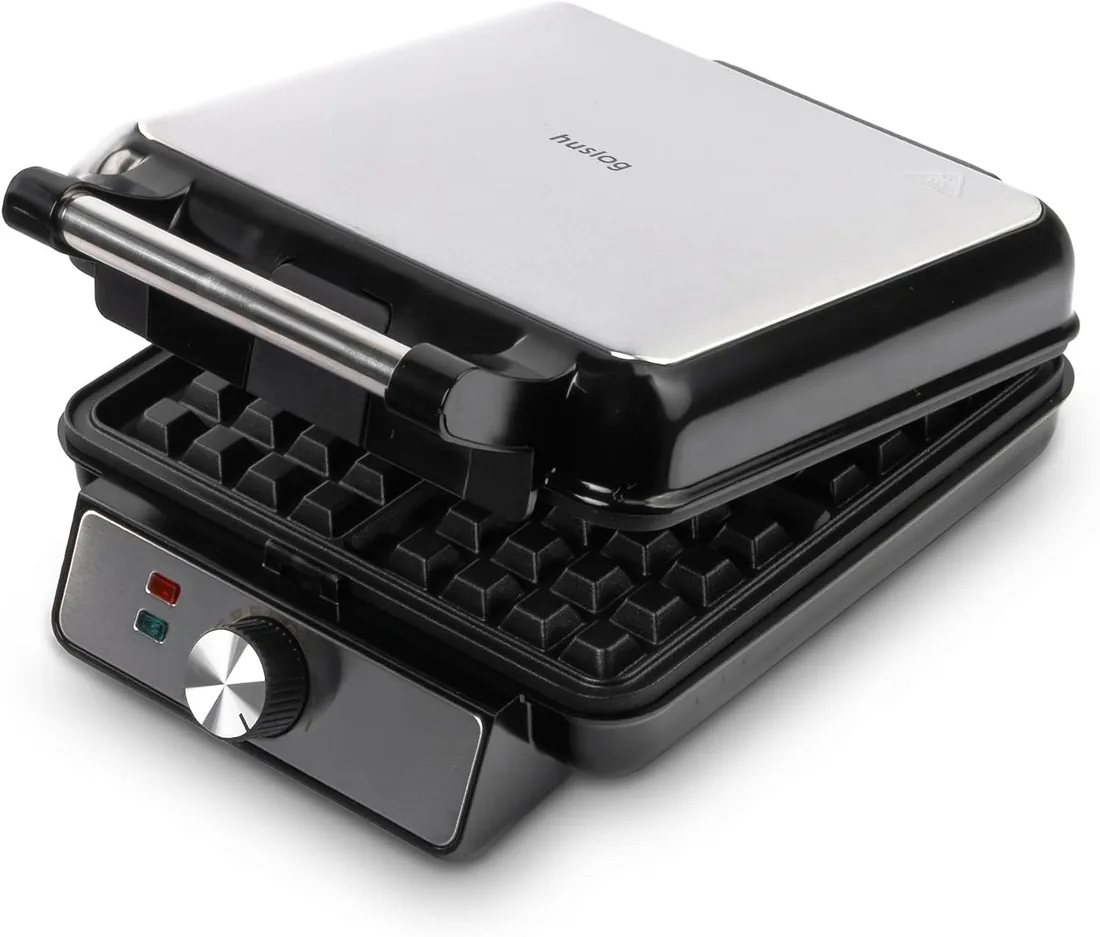 Gofrera Eléctrica para 4 Gofres Belgas, 1500W, Placas Antiadherentes, Control de Temperatura, Indicador Luminoso, Mango Cool Touch, Acero Inoxidable, Negro