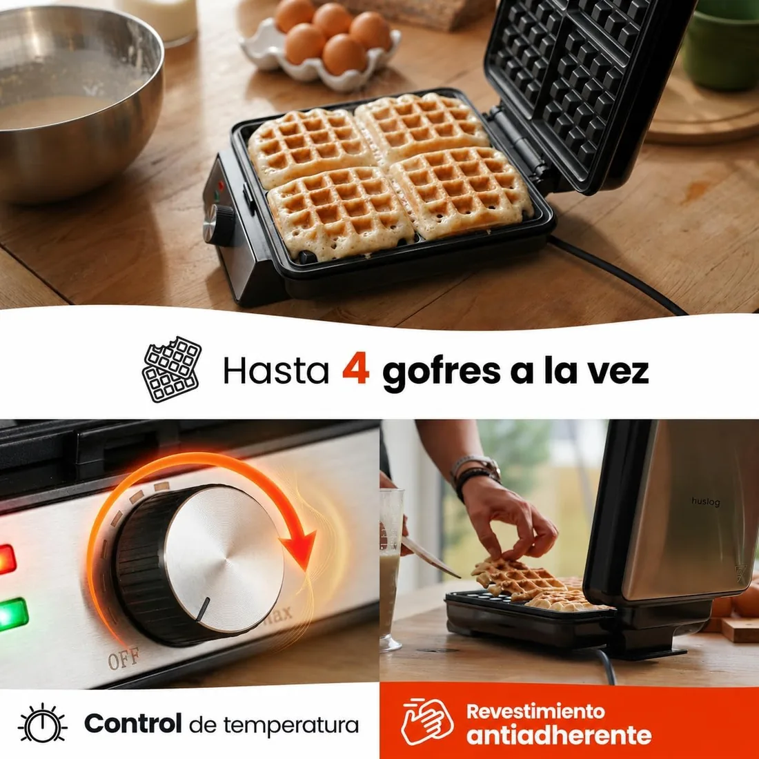 Gofrera Eléctrica para 4 Gofres Belgas, 1500W, Placas Antiadherentes, Control de Temperatura, Indicador Luminoso, Mango Cool Touch, Acero Inoxidable, Negro foto 2