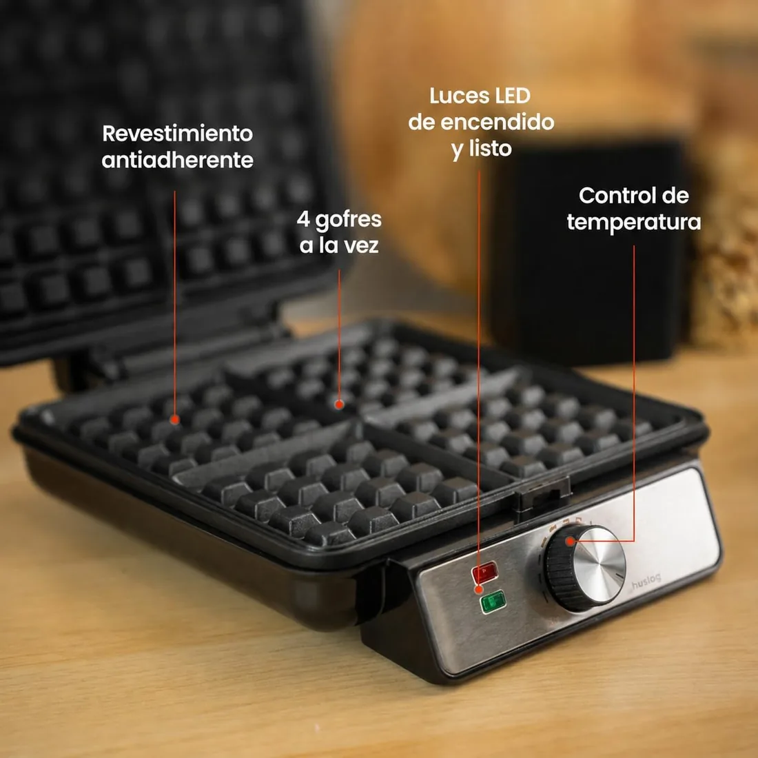 Gofrera Eléctrica para 4 Gofres Belgas, 1500W, Placas Antiadherentes, Control de Temperatura, Indicador Luminoso, Mango Cool Touch, Acero Inoxidable, Negro foto 3