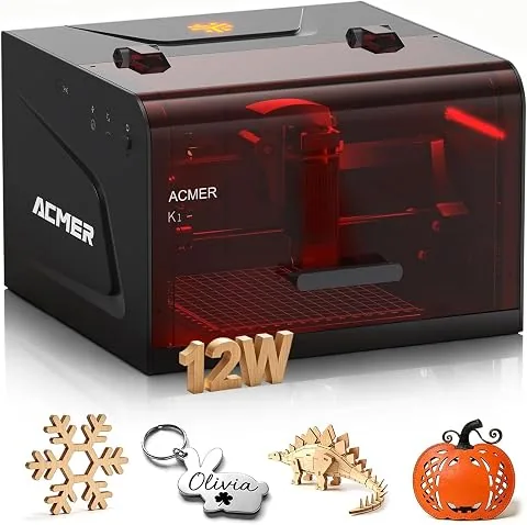 ACMER K1 Máquina de Grabadora Laser 12000mW, Clase 1 Cortadora Láser Pequeña Cerrada de Seguridad, Área de Grabado 150×150mm, Cortadora Láser de Alta Precisión para DIY Madera,Metal,Acrílico,Cuero,etc