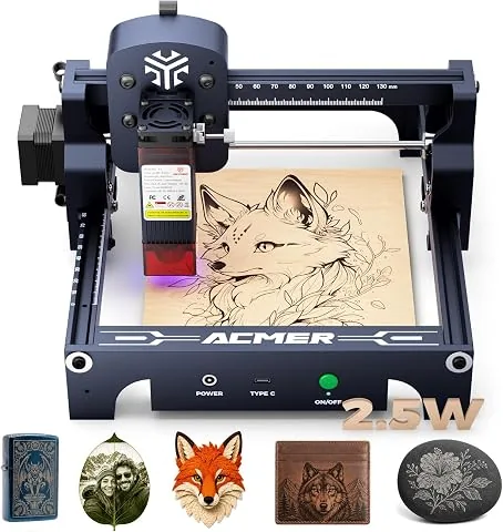 Acmer T1 2.5w Máquina de Grabado LáSer, Minigrabadora LáSer PortáTil, Cortadora LáSer de Alta PrecisióN de 0,01 Mm, áRea de Trabajo de 130 X 130 Mm, Cortadora LáSer para Madera, Cuero, Vidrio, Metal