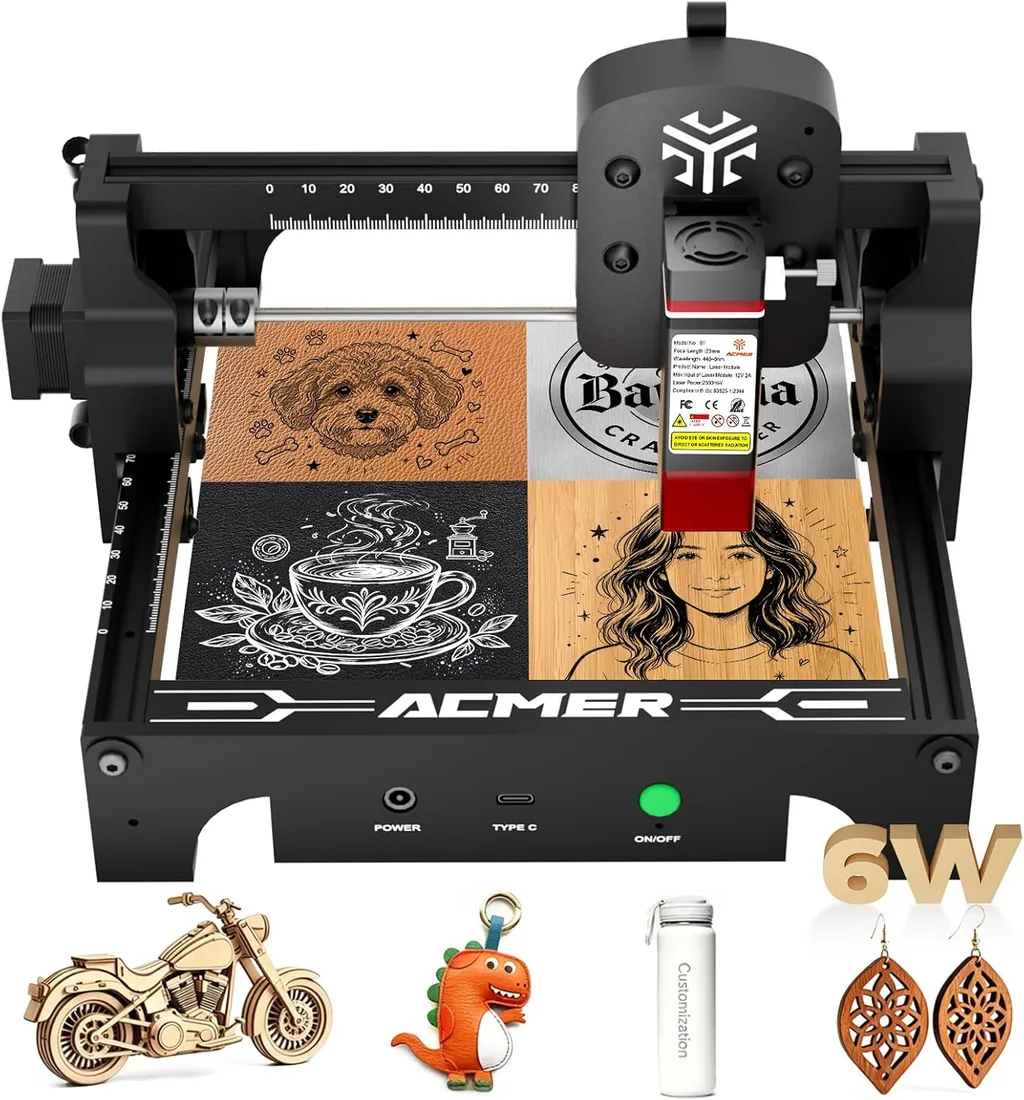 ACMER T1 6w MáQuina de Grabadora Laser, Mini Cortadora LáSer PortáTil, Laser Engraver de Alta PrecisióN de 0,01 Mm, áRea de Trabajo de 130 X 130 mm, Grabado LáSer para Madera, Cuero, Vidrio, Metal