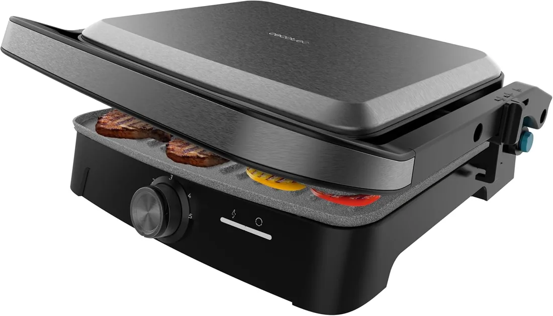 Cecotec Parrilla Eléctrica con Grill Rock'nGrill 2000 Full Open. 2000W, Apertura 180º, RockStone Antiadherente, Placa Flotante, Recogegrasas, Almacenamiento Vertical, Temperatura Regulable, 279x229mm