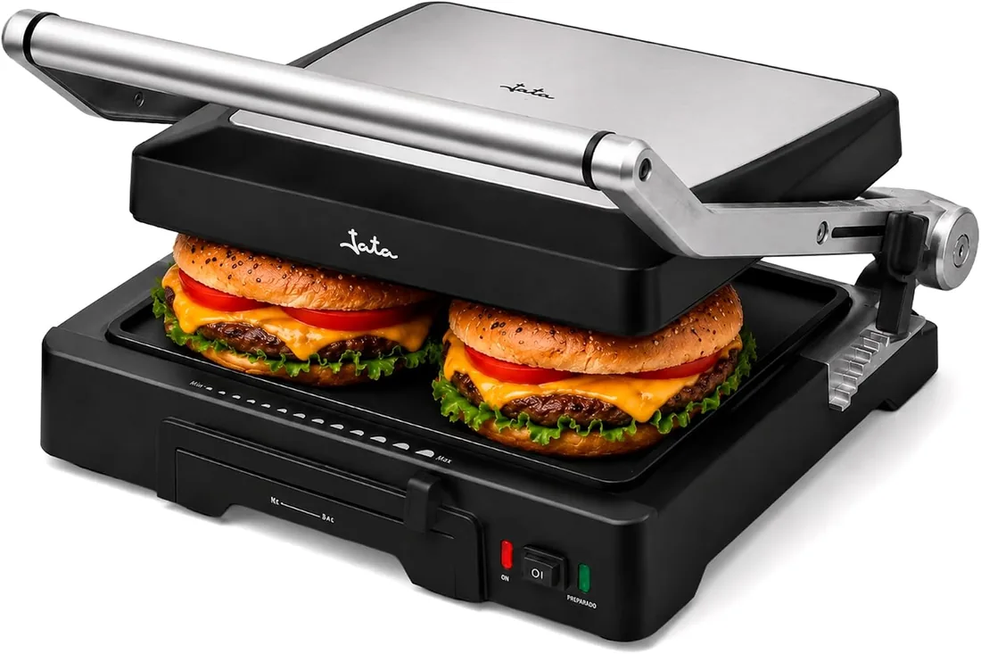 JATA GR1100 - Parrilla Electrica Grill y Plancha de Cocina 2000 W. Con Placas Mixtas Antiadherentes de 27,5 x 24 cm. Tapa Superior Adaptable. 6 posiciones. Apertura 180º