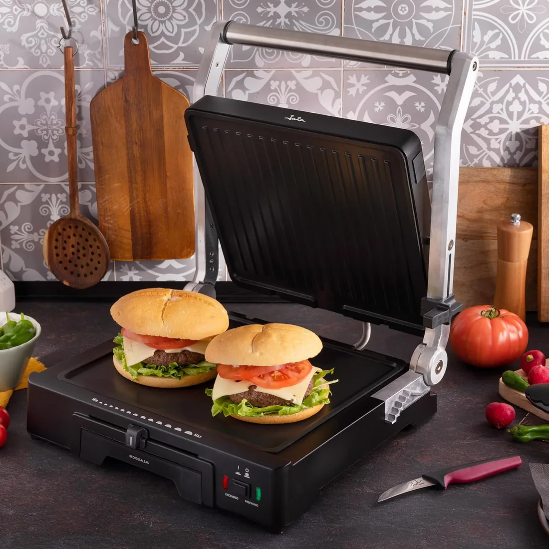 JATA GR1100 - Parrilla Electrica Grill y Plancha de Cocina 2000 W. Con Placas Mixtas Antiadherentes de 27,5 x 24 cm. Tapa Superior Adaptable. 6 posiciones. Apertura 180º foto 3