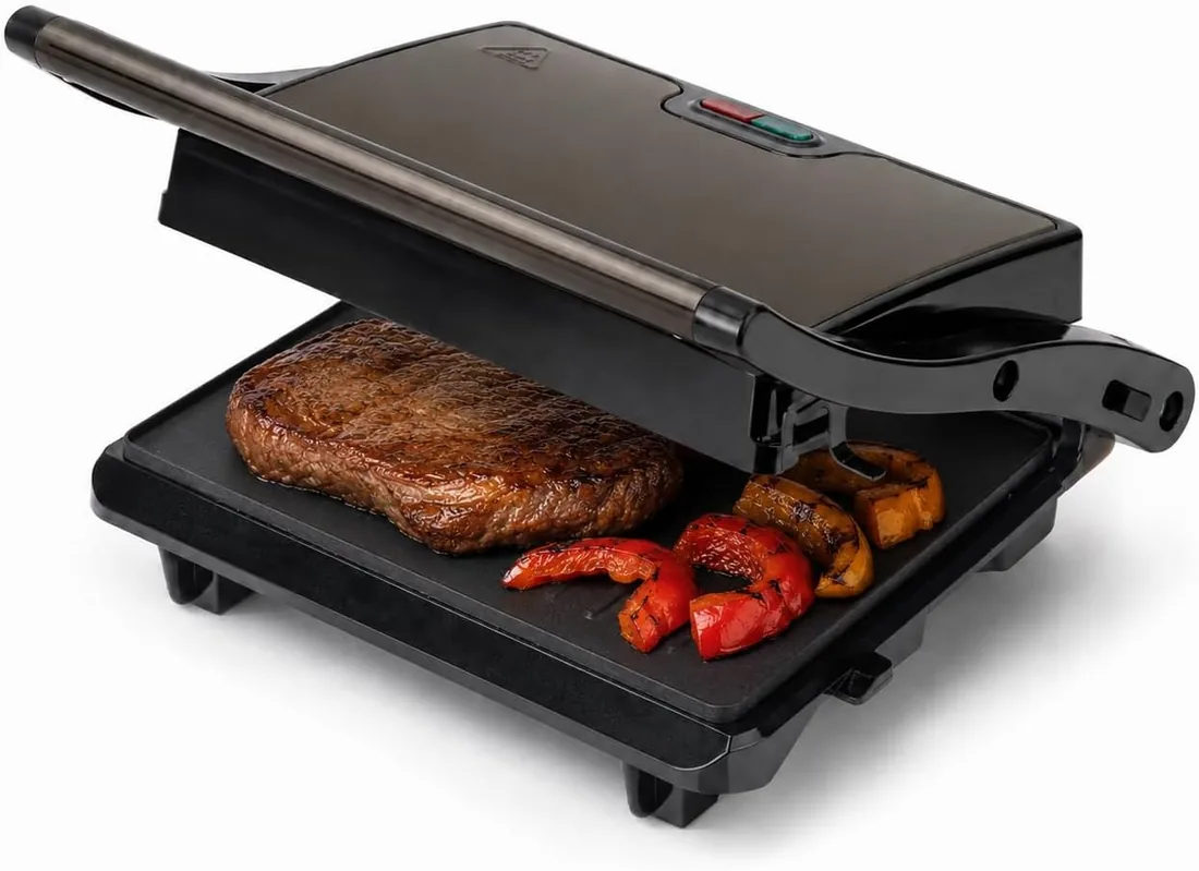Jata JEGR1106 Parrilla Electrica Grill 750 W, Placas lisas Antiadherentes de 22,5 x 14,6 cm, Cocina todo tipo de alimentos, Tapa superior basculante, Apertura 180°