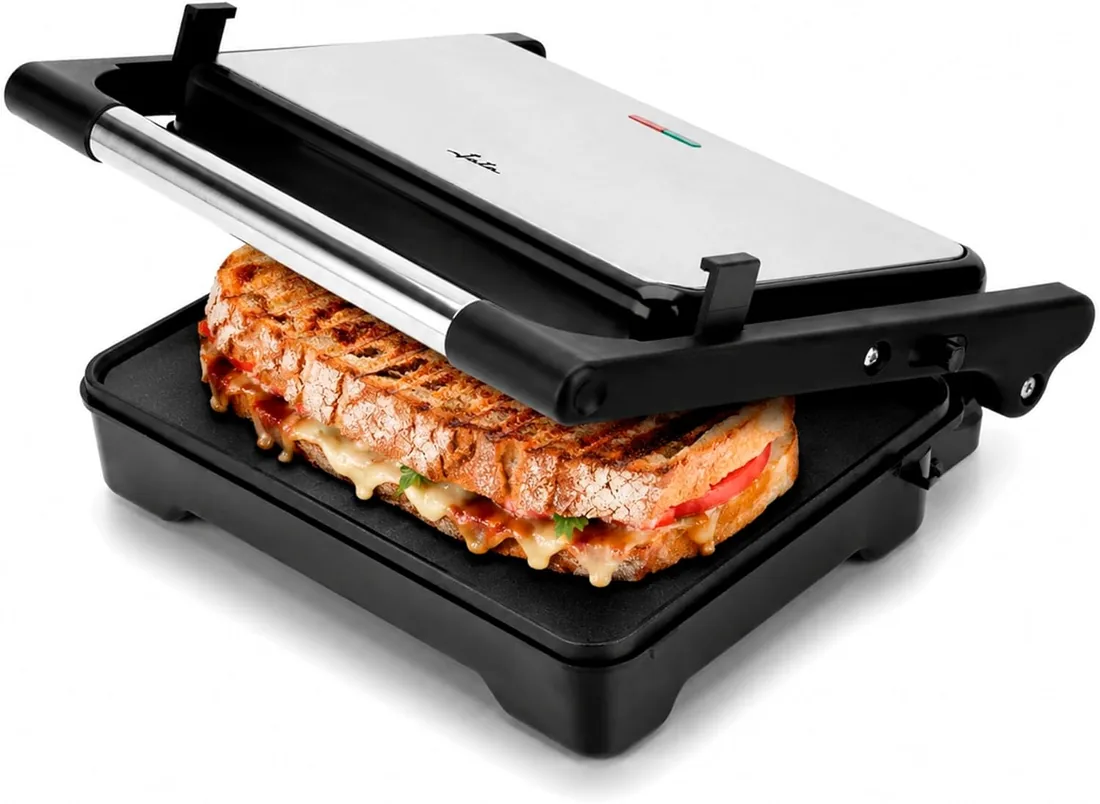 JATA JEGR1183 - Grill de asar doble 1500 W | Parrilla eléctrica con apertura 180° y tapa basculante | Termostato regulable | Placas lisas antiadherentes 26 x 16,5 cm libres de PFOA | Cocina sana